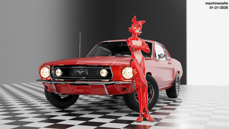 abstract_background anthro car leaning leaning_backward leaning_on_car machine male red_body smile solo vehicle yellow_eyes machinensfw disembowell_(modeler) red-eye_(modeler) five_nights_at_freddy's ford ford_mustang scottgames foxy_(fnaf) animatronic canid canine fox mammal robot 16:9 3d_(artwork) 4k absurd_res digital_media_(artwork) hi_res widescreen