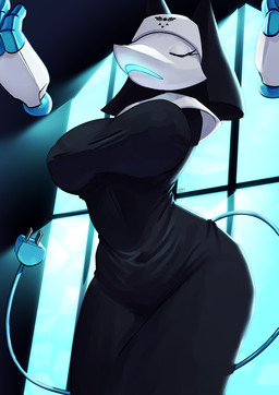 anthro big_breasts big_butt black_clothing black_dress black_headwear blue_body breasts butt clothing curvy_figure dress eyes_closed female floating_hands frown headgear headwear hourglass_figure nipple_outline nun_habit nun_outfit open_mouth religious_clothing solo standing tail thick_thighs tight_clothing unusual_anatomy unusual_tail white_body white_clothing white_dress white_headwear wide_hips daniart_xd deltarune undertale_(series) tasque_manager tasque_manager_(nun) felid feline mammal 2026 absurd_res hi_res
