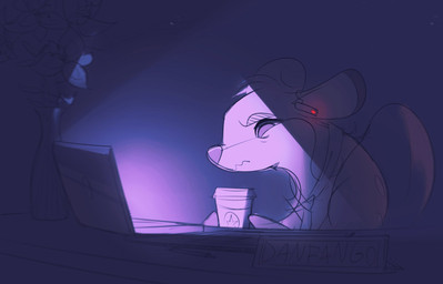 ambiguous_gender coffee_cup computer container cup earpiece electronics feral flower fur hair inner_ear_fluff inside laptop multicolored_body multicolored_fur necktie plant quadruped short_hair solo spots tail text tuft itsdanfango ansel_(itsdanfango) deer mammal 2018 english_text hi_res