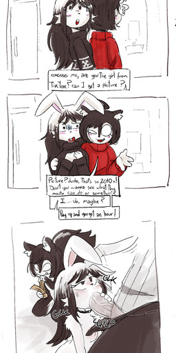 anthro black_body black_fur blush bodily_fluids breasts buckteeth butt choker clothed clothing dialogue faceless_character faceless_male fellatio female fur genitals group hair jewelry male male/female necklace nipples nude oral penile penis prostitution saliva sex simple_background smile tail teeth text trio white_body white_fur scrambledeve hare lagomorph leporid mammal mephitid skunk absurd_res english_text hi_res