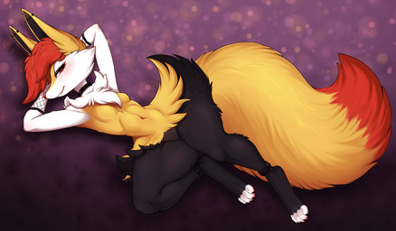 abs anthro blush breasts clothing collar dipstick_tail featureless_breasts feet female fishnet_clothing fur inner_ear_fluff markings mostly_nude navel neck_tuft orange_tail_tip pokemorph small_breasts solo tail tail_markings toeless_(marking) tuft yellow_body yellow_fur ajna nintendo pokemon keegan_(ajna) braixen generation_6_pokemon pokemon_(species) hi_res