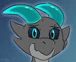 anthro black_sclera blue_background blue_eyes blue_horn grey_body grey_nose grey_scales horn looking_at_viewer male scales scar simple_background smile smiling_at_viewer snout solo moodytail side_b kobold reptile scalie 2024 headshot_portrait portrait signature