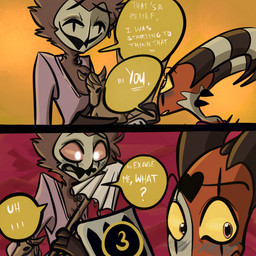 beak black_beak blush clothing dialogue duo eyes_closed feather_hair feathers furniture furniture_lamp glowing_pupils grey_body grey_feathers heart_(marking) horn looking_away male markings open_mouth open_smile page_number pseudo_hair red_eyes red_sclera sharp_teeth smile spade_tail spatula speech_bubble tail teeth text tongue tools yellow_sclera this_colorful_abyss hellaverse helluva_boss blitzo_(helluva_boss) stolas_(helluva_boss) animal_humanoid avian avian_humanoid bird bird_humanoid demon demon_humanoid horned_humanoid humanoid imp owl owl_demon owl_humanoid 1:1 comic hi_res