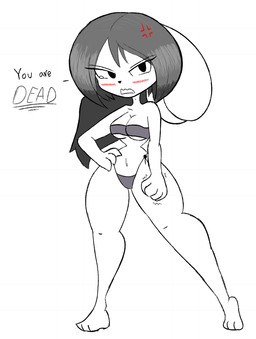 angry anthro barefoot black_eyes black_hair blush bodily_fluids bra breasts cleavage clothed clothing cross-popping_vein dialogue embarrassed feet female fur hair looking_at_viewer medium_breasts navel panties ponytail ponytail_ears simple_background solo tears text thick_thighs thong underwear white_background white_body white_fur wide_hips usagibun1 jidie_(buttercupirl) lagomorph leporid mammal rabbit 2023 digital_media_(artwork) english_text hi_res