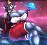 anthro big_breasts breasts cape clothing crossgender crown feathers female fingers headgear huge_breasts mtf_crossgender multi_eye non-mammal_breasts open_mouth red_eyes solo tail tail_feathers thick_thighs tongue nightlyflare helluva_boss stolas_(helluva_boss) avian avian_demon bird owl owl_demon hi_res