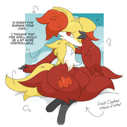 anthro big_ears bodily_fluids dialogue female fur inner_ear_fluff multicolored_body multicolored_fur red_body red_eyes red_fur sitting solo sweat sweatdrop text thick_thighs tuft white_body white_fur wide_hips yellow_body yellow_fur guzzlord420 nintendo pokemon delphox generation_6_pokemon pokemon_(species) 1:1 absurd_res english_text hi_res