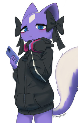 anthro black_bow black_clothing black_jacket black_nose black_topwear blue_eyes cellphone clothed clothing electronics facial_markings female female_anthro forehead_markings fur half-closed_eyes head_markings headphones headphones_around_neck holding_object holding_phone jacket markings mouth_closed narrowed_eyes phone purple_body purple_fur simple_background smartphone solo topwear white_background dangome aggretsuko sanrio shikabane_(aggretsuko) mammal mephitid skunk absurd_res digital_media_(artwork) hi_res portrait three-quarter_portrait