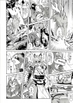 2011 abs amakuchi anthro arthropod badger-kun_(amakuchi) big_breasts blood bodily_fluids breasts building canid canine canis city cleavage clothed clothing comic crustacean death dialogue explosion female fox foxy-rena greyscale hi_res japanese_text male mammal marine monochrome monster open_mouth raccoon_dog skimpy text translation_request wolf