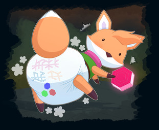 ambiguous_gender anthro beady_eyes big_diaper black_border black_eyes blush blush_lines border brown_body brown_fur brown_nose clean_diaper clothed clothing cloud_emanata diaper diaper_puff dipstick_tail emanata fur gloves_(marking) green_clothing green_shirt green_topwear green_tunic head_tuft holding_object leaning leaning_forward looking_at_viewer looking_back looking_back_at_viewer markings mouthless multicolored_body multicolored_fur on_one_leg orange_body orange_fur orange_tail pink_scarf scarf shirt solo standing tail tail_markings text text_on_clothing text_on_diaper topwear tuft tunic two_tone_tail wearing_diaper white_body white_diaper white_fur white_inner_ear white_tail white_tail_tip tenerius tunic_(video_game) ruin_seeker canid canine fox mammal 2025 absurd_res character_cipher constructed_script hi_res translation_request trunic_text