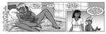 2022 anthro bed bedroom brave_new_world_(style_wager) chest_tuft clothing comic dark_body dialogue duo ear_piercing ear_ring electronics english_text eyes_closed female flo_munroe furniture genitals greyscale ground_squirrel groundhog groundhog_day hair holding_object holding_phone human inside looking_back lying mammal marmot masturbation monochrome multicolored_hair nipples on_back on_bed phone piercing pussy ring_piercing rodent sciurid scut_tail shirt short_tail solo spread_legs spread_pussy spreading style_wager t-shirt tail terri_burrows text topwear tuft