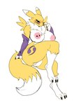anthro areola armwear barbell_piercing big_breasts black_sclera blue_eyes breasts claws clothing dipstick_ears dipstick_tail ear_markings facial_markings feet female finger_claws fingers fur head_markings markings mole_(marking) mole_on_breast multicolored_ears neck_tuft nipple_piercing nipples piercing pink_areola pink_nipples purple_armwear purple_clothing purple_markings simple_background solo tail tail_markings toe_claws toes tuft white_background white_body white_ear_tips white_fur white_tail_tip yellow_body yellow_fur gatoradeew bandai_namco digimon digimon_(species) renamon 2024 absurd_res digital_drawing_(artwork) digital_media_(artwork) full-length_portrait hi_res portrait