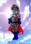 anthro breasts cape clothing cosplay crossover_cosplay female flying fur purple_eyes sky solo superhero bluewolfartista dc_comics disney zootopia judy_hopps power_girl lagomorph leporid mammal rabbit 2017 absurd_res crossover hi_res traditional_media_(artwork)