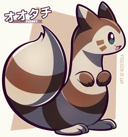 ambiguous_gender border brown_background brown_body brown_fur ears_up feral fur highlights_(coloring) multicolored_body multicolored_fur open_:3 open_mouth paws raised_tail side_view simple_background solo standing tail tan_body tan_border tan_fur text tuft woofzilla nintendo pokemon furret generation_2_pokemon pokemon_(species) 2023 artist_name digital_media_(artwork) hi_res japanese_text shaded simple_shading