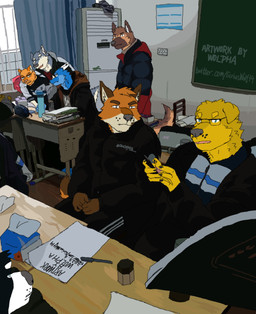 anthro classroom detailed_background electronics group male male/male phone school tail wolpha mythology 1cm inugami_ei wolpha_(character) znc bird_dog border_collie canid canine canis collie domestic_cat domestic_dog dragon felid feline felis fox german_shepherd herding_dog humanoid hunting_dog labrador mammal mythological_creature mythological_scalie pastoral_dog retriever scalie sheepdog wolf detailed hi_res