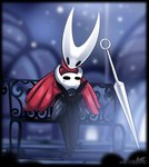 2_horns ambiguous_gender bench black_arms black_eyes black_legs cloak clothing daww duo horn melee_weapon outside raised_arms red_cloak red_clothing sitting tail text weapon white_head sol-lar-bink hollow_knight team_cherry hornet_(hollow_knight) the_knight_(hollow_knight) arthropod vessel_(species) 2020 artist_name digital_media_(artwork) english_text hi_res sibling_(lore) sister_(lore)