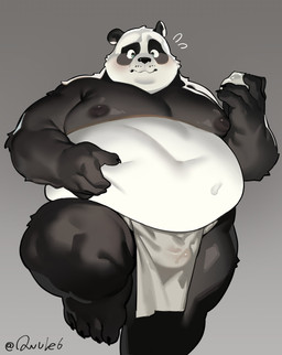 anthro asian_clothing belly big_belly black_body black_nose blush bodily_fluids clothing east_asian_clothing fundoshi genital_fluids gradient_background grey_background humanoid_hands japanese_clothing kemono male moobs multicolored_body navel nipples overweight overweight_male precum simple_background solo standing two_tone_body underwear white_body owule dreamworks kung_fu_panda master_po_ping bear giant_panda mammal 2026 hi_res