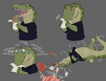 alligator alligatorid animal_instincts anthro benji_(artist) benji_alligator_(benji) bite blush braces clothing crocodilian death_roll eating food hi_res humor male reptile sandwich_(food) scalie semi-anthro shirt solo tail tailbutt topwear