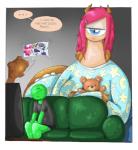 1_eye ?_face big_breasts blue_eyes breasts clothing duo female furniture hair horn huge_breasts larger_female macro male pajamas red_hair size_difference smaller_male sofa text nightmarebros sunibee friendship_is_magic hasbro monstro_village my_little_pony anon dewbon maud_pie_(mlp) pinkie_pie_(mlp) equid human mammal monster english_text