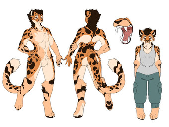 abs anthro black_claws black_nose black_pawpads bottomwear cargo_pants claws clothed clothing digitigrade fangs feet hindpaw humanoid_hands looking_at_viewer male mouth_shot open_mouth pants pawpads paws pecs pink_tongue shirt solo tail tank_top teeth tongue topwear anais_shmirnova milo_(hexonac) cheetah felid feline king_cheetah mammal 4:3 digital_drawing_(artwork) digital_media_(artwork) flat_colors model_sheet