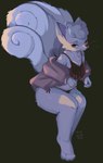 anthro blush clothed clothing female fur light looking_at_viewer simple_background solo whiskers conditional_dnp tohupo nintendo pokemon alolan_form alolan_vulpix generation_7_pokemon pokemon_(species) regional_form_(pokemon) 2024 absurd_res dated digital_media_(artwork) hi_res lighting signature