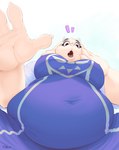 2_horns anthro belly belly_overhang big_belly big_breasts breasts claws clothed clothed_anthro clothed_female clothing dress eyebrows eyelashes female female_anthro finger_claws fingers floppy_ears fur hand_on_cheek horn humanoid_hands looking_at_viewer looking_down looking_down_at_viewer low-angle_view monotone_body monotone_fur navel_outline nipple_outline open_mouth overweight overweight_anthro overweight_female pink_tongue purple_clothing purple_dress red_eyes simple_background solo tongue uvula white_background white_body white_claws white_finger_claws white_fur white_horn teaselbone undertale_(series) toriel boss_monster_(undertale) bovid caprine goat mammal 2023 digital_media_(artwork) hi_res shaded signature