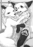 akafude_(tsukune_minaga) annoyed blush canid canine canis claws comic domestic_dog duo embrace fangs female female/female feral fox fur greyscale hi_res hug looking_at_viewer mammal mane monochrome paws shiranui_(tsukune_minaga) simple_background teeth tsukune_minaga