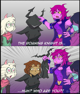 2_horns 2_panel_comic ambiguous_gender anthro arms_tied biped black_hair blue_body blue_skin bodily_fluids bound breasts brown_body brown_fur brown_hair clothed clothed_anthro clothed_female clothing confusion drooling eyewear female female_anthro floppy_ears fur glasses group hair heart_eyes heart_symbol horn infatuation looking_at_viewer male male_anthro pink_body pink_eyes pink_hair pink_horn pink_scales saliva scales scarf short_hair snout surprised sweat sweatdrop tan_body tan_skin trollface unmasking wearing_glasses whiskers white_body white_fur yellow_sclera marciuspng deltarune gameoverse glitch_productions hanna-barbera scooby-doo_(series) undertale_(series) kit_bodega kris_dreemurr ralsei roaring_knight susie_(deltarune) bovid caprine darkner felid feline goat human mammal scalie 2026 absurd_res comic crossover digital_drawing_(artwork) digital_media_(artwork) english_description hi_res meme signature