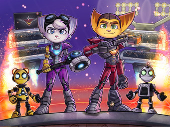 anthro arena armor audience bangs blue_eyes detailed_background ear_piercing eyewear female fur glowing goggles green_eyes group hammer machine male male/female piercing purple_armor red_armor robotic_arm striped_body striped_fur stripes tools weapon white_body white_fur wrench yellow_body yellow_fur viwhi_art ratchet_and_clank sony_corporation sony_interactive_entertainment clank_(ratchet_and_clank) kit_(ratchet_and_clank) ratchet_(ratchet_and_clank) rivet_(ratchet_and_clank) felid feline humanoid lombax mammal robot hi_res