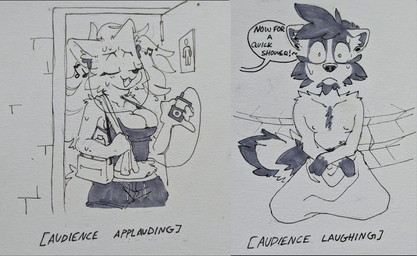 anthro applause athletic_wear audience bathroom bodily_fluids breasts cleavage clothed clothing dialogue duo electronics female group hair laugh long_hair male portable_music_player scared singing sweat tail text worried peppertoasty apple_inc. ipod blanca_(nicky_illust) snyder_(sketchytoasty) canid canine canis mammal procyonid raccoon wolf comic english_text hi_res sketch