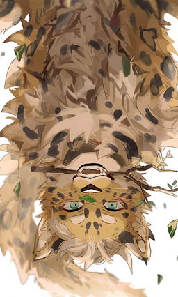 anthro branch fangs fluffy fur green_eyes leaf looking_at_viewer male markings smile smiling_at_viewer solo spots spotted_body spotted_fur teeth upside_down yellow_body yellow_fur sski_0 felid leopard mammal pantherine hi_res
