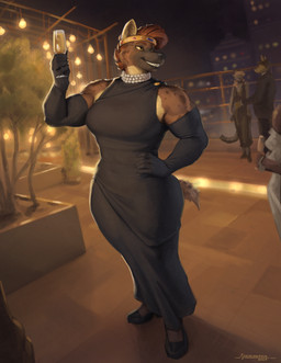 5_fingers alcohol anthro armwear athletic athletic_anthro athletic_female beverage black_armwear black_clothing black_dress black_elbow_gloves black_gloves black_handwear breasts brown_body brown_fur brown_hair clothed clothing dress elbow_gloves female fingers footwear fur gloves hair hand_on_hip handwear headgear headwear jewelry necklace night outside short_hair solo standing teeth thick_thighs white_body white_fur wide_hips mainlinemojo edith_baker hyena mammal spotted_hyena 2025 absurd_res full-length_portrait hi_res portrait signature