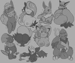 6:5 anthro big_breasts bodily_fluids braixen breasts butt cafepoke charmeleon clefable clothing damian_(revrevvin) eevee female feral fire flaccid flaming_tail generation_1_pokemon generation_4_pokemon generation_5_pokemon generation_6_pokemon generation_8_pokemon genital_fluids genitals group hat headgear headwear hi_res holding_penis jezebel_(crane) legendary_pokemon male meloetta monochrome nintendo open_mouth penis pokemon pokemon_(species) presenting presenting_hindquarters scalie sketch sketch_page smile tail thievul weavile whimsicott witch_hat