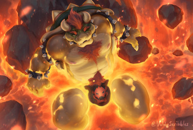 2_horns anthro areola armband bath bathing black_armband black_clothing black_collar black_underwear bracelet bulge chest_tuft claws clothing collar embers eyebrows fangs green_shell hair horn hot_spring jewelry lava lava_bath looking_at_viewer male multicolored_body muscular muscular_anthro muscular_male navel nipples orange_body pecs pubes red_hair relaxing rock scales shell solo spiked_armband spiked_bracelet spiked_collar spikes spread_legs spreading teeth tuft underwear volcano water voldyscribbles mario_bros nintendo bowser koopa scalie hi_res