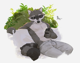 anthro bottomwear cellphone clothed clothed_male clothing drawstring_bottomwear electronics holding_object holding_phone looking_at_object looking_at_phone male male_anthro pants pants_only phone plant sitting smartphone solo tail topless topless_male 9klipse echo_(game) echo_(series) echo_project kudzu_tengwan mammal procyonid raccoon 2022 hi_res