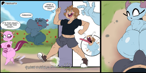 anthro areola bent_over big_breasts big_butt biped blue_body bottomwear breast_size_difference breasts bulge butt clothed clothing dialogue female genitals looking_at_viewer looking_back male male/female nipples pink_body rear_view size_difference smaller_female speech_bubble text topwear vulva tibbs nintendo pokemon generation_2_pokemon human mammal misdreavus pokemon_(species) wooper absurd_res english_text hi_res