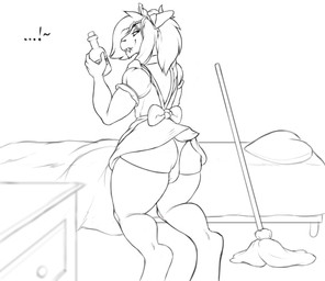 anthro bed bottomwear bulge cleaning_tool clothed clothing crossdressing ellipsis exclamation_point femboy fur furniture legwear maid_uniform male mop panties skirt solo stockings text underwear uniform jakethegoat jakethegoat_(character) bovid caprine goat mammal comic hi_res monochrome sketch nonbinary_(lore)