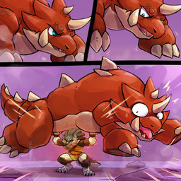 2_horns 4_toes ambiguous_gender anthro anthrofied belt_buckle biped black_body black_claws black_fur blue_eyes bodily_fluids bottomless bottomless_anthro bottomless_male buckle carrying_another claws clothed clothed_anthro clothed_male clothing countershade_face countershade_fur countershade_tail countershade_torso countershading digitigrade dorsal_ridge dot_pupils duo ear_piercing ear_ring emanata feet feral front_view fur green_clothing green_hair green_shirt green_topwear green_tunic hair head_horn horn inner_ear_fluff large_comic larger_feral looking_aside looking_down looking_down_at_another male motion_lines mouth_closed multicolored_body multicolored_fur nervous nervous_sweat one_eye_closed orange_body orange_countershading pawpads piercing purple_background quadruped red_tongue ring_piercing shirt shirt_only side_view simple_background size_difference smaller_anthro snout surprised sweat sweaty_face tail tail_ridge tan_body tan_fur teeth toe_claws toes tongue tongue_showing topwear topwear_only tuft tunic tunic_only tusks underbite white_body white_countershading white_fur white_inner_ear white_inner_ear_fluff white_sclera wide_eyed waddledox nintendo the_legend_of_zelda link_(wolf_form) canid canine canis dodongo mammal wolf 1:1 2024 absurd_res comic digital_drawing_(artwork) digital_media_(artwork) full-length_portrait hi_res portrait