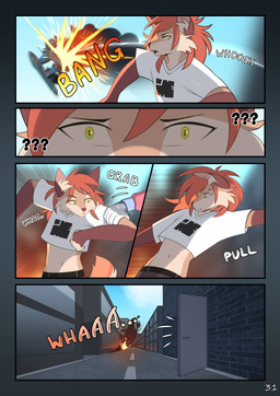 ambiguous_gender angry anthro arm_grab blue_sky bottomwear building city clothing cloud confusion cross-popping_vein destroyed_vehicle dialogue door door_handle doorknob duo ear_tuft ears_up explosion eyebrows female flying_vehicle grabbed green_eyes looking_at_viewer midriff motion_lines navel open_door open_mouth pants pupils question_mark raised_eyebrows red_pupils running shirt sky tail text topwear tuft vehicle white_clothing white_clouds white_shirt white_topwear yank rednroge kiri_igness canid canine canis fox mammal comic english_text hi_res