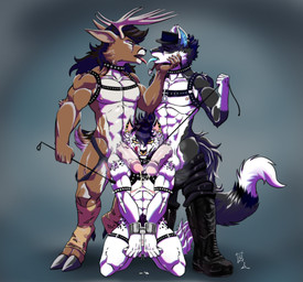 anthro balls black_body black_fur black_hair blue_tongue bodily_fluids boots bottomwear bottomwear_down bound brown_body brown_fur clothed clothing collar cuff_(restraint) cum cum_drip dripping footwear fur genital_fluids genitals group hair hand_on_chin handcuffs harness horn humanoid_genitalia humanoid_penis kissing kneeling leash leashed_collar male male/male metal_cuffs multiple_piercings musk nipples pants pants_down partially_clothed penis piercing precum red_eyes restraints shoes simple_background tail tongue trio white_body white_fur lazaxus canid canine canis deer mammal wolf absurd_res hi_res