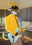 anthro antlers athletic athletic_anthro athletic_male biped black_hair blonde_highlights bottomwear brown_bottomwear brown_clothing brown_pants claws clothing electric_guitar finger_claws fur grey_body grey_ears grey_fur grey_tail guitar hair hair_over_eyes highlights_(coloring) holding_guitar holding_musical_instrument holding_object horn inside keyboard_instrument light male male_anthro messy_hair multicolored_body multicolored_fur multicolored_tail musical_instrument pants piano playing_music plucked_string_instrument recording_studio shadow shirt smile solo soundproofing speaker standing string_instrument tail teeth tight_clothing topwear white_body white_claws white_fur white_inner_ear white_tail window yellow_antlers yellow_body yellow_clothing yellow_fingers yellow_fur yellow_nose yellow_shirt yellow_tail yellow_topwear tsupunya fender_musical_instruments_corporation stratocaster cruppz deer mammal 2023 colored digital_media_(artwork) digital_painting_(artwork) hi_res lighting portrait shaded signature three-quarter_portrait