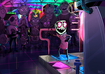 antennae_(anatomy) arcade arcade_game arcade_machine crowd crowd_scene crowd_watching crystal dance_dance_revolution_machine dancing excited eye_reflection female glistening glistening_eyes green_body group neon_lights pink_eyes reflection reflective_floor size_difference smaller_female smile text orbis bemani dance_dance_revolution invader_zim konami nickelodeon fan_character invader_tenn alien crystal_creature elemental_creature humanoid irken mineral_fauna vortian absurd_res hi_res