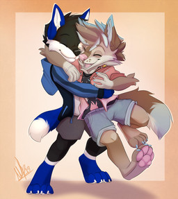 4_toes 5_fingers anthro black_body black_fur brown_body brown_fur brown_hair clothed clothing duo feet fingers fur hair male open_mouth pink_nose smile teeth toes tongue wolflady canid canine canis domestic_dog mammal 2019 character_request digital_media_(artwork)
