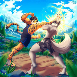 4_toes abs anthro athletic athletic_anthro athletic_male athletic_wear biped bottomwear brown_hair brown_spots cheek_tuft claws clothing digitigrade duo facial_tuft feet fur gameplay_mechanics grey_body grey_fur gui gym_bottomwear gym_shorts hair half-closed_eyes health_bar hindpaw kick male male_anthro markings multicolored_body multicolored_fur muscle_tone narrowed_eyes outside pawpads paws pecs pink_pawpads raised_leg shorts smile smirk smug smug_face smug_grin spots spotted_body spotted_fur spotted_markings toe_claws toes tuft two_tone_body two_tone_fur white_body white_fur yellow_body yellow_fur dustythebat wolfius canid canine canis felid jaguar mammal pantherine wolf 1:1 hi_res
