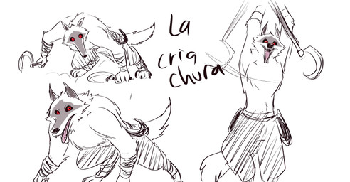 anthro dual_wielding facial_markings fluffy half_clothed head_markings holding_object holding_weapon male markings mask_(marking) melee_weapon pointy_ears polearm prick_ears red_eyes scythe shirtless_male sickle solo standing teeth text weapon ultimatellurker dreamworks puss_in_boots_(franchise) death_(puss_in_boots) canid canine canis mammal wolf hi_res spanish_text translated