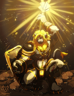 anthro armor balls bondage_armor chastity_cage chastity_device claws fur genitals gold_(metal) gold_chastity_cage gold_chastity_device mace male mane melee_weapon muscular muscular_male paladin shield solo unconvincing_armor warrior weapon yellow_body yellow_fur bullstorm felid lion mammal pantherine hi_res