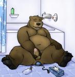 anal anal_masturbation anal_penetration anthro balls bathroom belly black_nose blush bodily_fluids brown_body brown_fur cum dildo dildo_sitting erection eyebrows feet fur genital_fluids genitals hindpaw humanoid_genitalia humanoid_penis lube male masturbation nude overweight overweight_anthro overweight_male paper paws penetration penile penile_masturbation penis piercing sex_toy solo toying_self vibrator kronexfire bear mammal