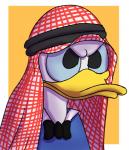 agal_(accessory) anthro beak border clothed clothing headdress headgear kerchief male shemagh simple_background solo white_border yellow_background glomiagui disney donald_duck anatid anseriform avian bird duck bust_portrait digital_media_(artwork) portrait