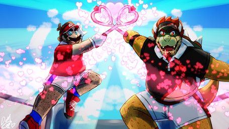 anthro bottomwear clothing collared_shirt duo footwear hairy heart_symbol male male/male musclegut muscular polo_shirt shirt shoes shorts sky slightly_chubby sneakers sport tennis tennis_racket topwear visor white_bottomwear white_clothing white_shorts dropsofmoonlight mario_bros mario_tennis mario_tennis_fever nintendo bowser mario human humanoid koopa mammal scalie 16:9 hi_res widescreen