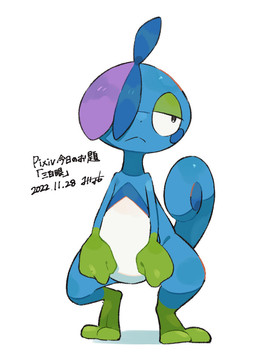 ambiguous_gender anthro black_eyes blue_body long_tail looking_aside narrowed_eyes on_model one_eye_obstructed semi-anthro simple_background solo standing tail tailbutt unimpressed white_background minamo_(pixiv17726065) nintendo pokemon drizzile generation_8_pokemon pokemon_(species) reptile scalie 2022 dated hi_res