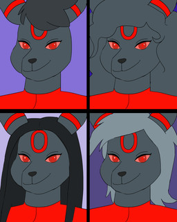 anthro anthrofied bangs black_body black_fur black_hair black_nose blue_background closed_smile clothed clothed_anthro clothed_female clothing eyelashes facial_markings female female_anthro fur grey_hair hair head_markings lidded_eyes long_hair looking_at_viewer markings medium_hair mouth_closed multicolored_body multicolored_fur pink_sclera pupils red_clothing red_eyes red_markings red_pupils red_shirt red_topwear shirt short_hair simple_background smile smiling_at_viewer solo straight_hair topwear two_tone_body two_tone_fur wavy_hair skywater nintendo pokemon fan_character ruby_(tertia) eeveelution generation_2_pokemon pokemon_(species) umbreon 2025 4:5 absurd_res digital_drawing_(artwork) digital_media_(artwork) english_description flat_colors hi_res multiple_scenes